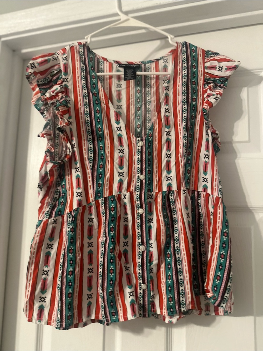 Wrangler Retro Striped V-Neck Top in Red, Teal & White